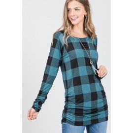 Round Neck Long Sleeve Plaid Print Top