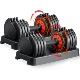 SKOK 25/55 lbs Pair Adjustable Dumbbells Set, Adjustable Weights Dumbbells Set for Men and Women with Anti-Slip Fast Adjust Weight by Turning Handle,Black Dumbbell with Tray