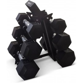 HolaHatha Hex Dumbbell Weight Training Home Gym Equipment Set with 5, 10, and 15 Pound Fitness Hand Weights with Storage Organizer Rack, Black