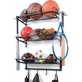 XCSOURCE Garage Sports Equipment Storage Rack with 3 Separate Shelf, Ball Rack, Sport Equipment Organizer with 4 Hooks for Badminton Racket, Basketball Rack for Basketball Football Rugby