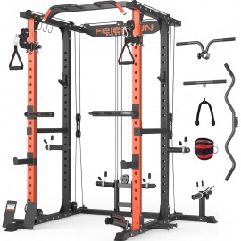 FEIERDUN Multi-Function Squat Rack Power Cage FLA01 with Cable Crossover System, 2000LBS Capacity Power Rack and Packages with Optional Weight Bench, Olympic Barbell Weight Set, for Garage & Home Gym