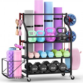 Weight Rack for Dumbbells, Dumbbell Rack, Home Gym Storage Rack, Yoga Mat Storage Rack With Hooks and Wheels, Workout Equipment Storage Organizer for Yoga Mat Dumbbells Kettlebells