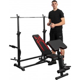 6-in-1 880lbs Weight Bench Set with Squat Rack, Adjustable Workout Bench for Full Body Strength Training, Bench Press with Barbell Rack Leg Developer Preacher Curl, Incline Decline Bench for