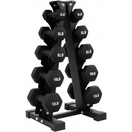 BalanceFrom Fitness 76 Pound Neoprene Coated Steel Dumbbell Exercise Workout Set with Stand, 5 Pairs of 3, 5, 8, 10, and 12 Pound Weights, Black