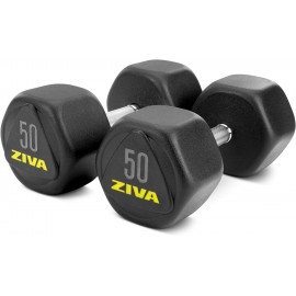 ZIVA Hexagon RPU Dumbbells – Commercial-Grade Hard Wearing Rubber Urethane Coating, Solid Steel Core - Designed for Rigorous Exercise Weight Training - Sold as Pairs (25-50lb Pair Ship by Piece)