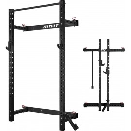 RitFit Multi-Functional Folding Squat Rack for Home Gym, 2.36'' x 2.36'' Wall Mounted Squat Rack with Attachments - Space Saving Squat Power Rack