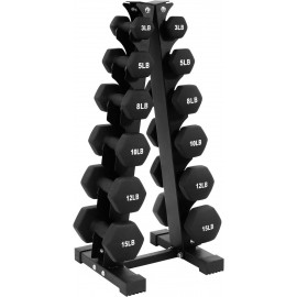 BalanceFrom Fitness 106 Pound Neoprene Coated Steel Dumbbell Exercise Workout Set with Stand, 6 Pairs of 3, 5, 8, 10, 12, and 15 Pound Weights, Black