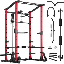 ER KANG Power Cage, 1200LBS Power Rack with LAT Pulldown, Multi-Function Squat Cage, Weight Cage with Pulley System Squat Rack for Home Gym with Training Attachment