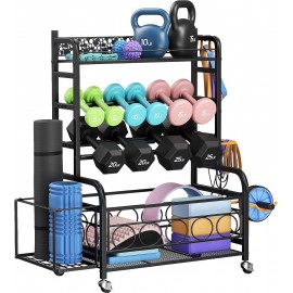 Weight Rack for Dumbbells, Dumbbell Rack Weight Stand, VOPEAK Home Gym Storage Rack for Yoga Mat Kettlebells and Strength Training Equipment, Weight Storage Holder Rack for Dumbbells with Wheels