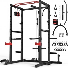 Sportsroyals Power Rack, Multi-Functional Power Cage with LAT Pulldown Pulley System, Squat Rack with More Training Attachments for Home Gym (Red)，1200 lbs Weight Capacity