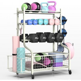 PLKOW Dumbbell Rack, Weight Rack for Dumbbells, Home Gym Storage for Dumbbells Kettlebells Yoga Mat and Balls, All in One Workout Storage with Wheels and Hooks, Powder Coated Finish Steel