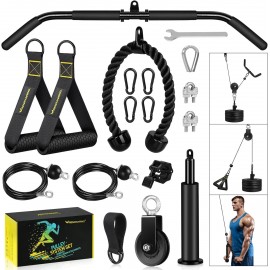 Fitness LAT and Lift Pulley System Gym - Upgraded LAT Pull Down Cable Machine Attachments, Loading Pin, Handle and Tricep Rope, for Biceps Curl, Forearm, Triceps Exercise Gym Equipment