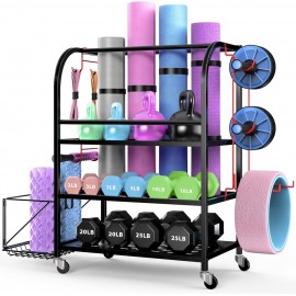 Weight Rack for Dumbbells, Dumbbell Rack, Heavy Duty Storage Shelving with Wheels and Hooks, Home Gym Storage Rack for Kettlebells, Foam Roller, Resistance Bands and Yoga Mat Storage Rack