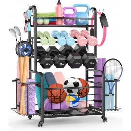 Dumbbell Rack, 44” Sports Equipment Garage Organization and Storage Yoga Mat Holder for Home Gym Weight Rack for Dumbells and Kettlebells Ball Storage Rack With Hooks and Lockable Wheels