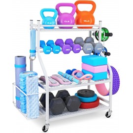 Dumbbell Rack, Yoga Mat Storage Rack - Weight Rack for Dumbbells, Home Gym Storage Rack for Yoga Mat, Dumbbells and Kettlebells, All in One Workout Equipment Storage with Caster Wheels