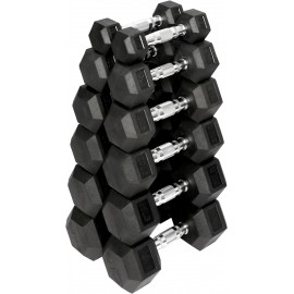 Signature Fitness Premium Rubber Coated Hex Dumbbell Weight Set and Storage Rack, Multiple Packages